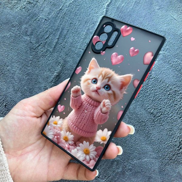 Чехол для Samsung Galaxy Note 10 Plus с защитой камеры с котом в цветах ромашки