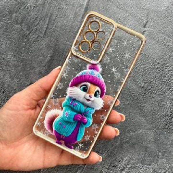 Чохол для Samsung Galaxy A23 з захистом камери зимовий чохол з пухнастим звірком прозорий чохол з білим бортиком та золотою обводкою