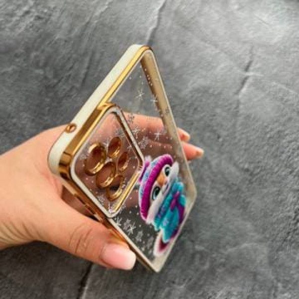 Чохол для Samsung Galaxy A23 з захистом камери зимовий чохол з пухнастим звірком прозорий чохол з білим бортиком та золотою обводкою