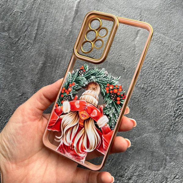 Чохол для Samsung Galaxy A23 з захистом камери новорічна дівчинка з персиковим бортиком та золотою обводкою