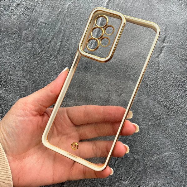 Чехол для Samsung Galaxy A23 прозрачный чехол с белым бортиком и золотой обводкой