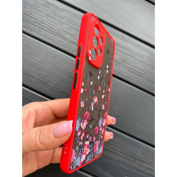 Чехол для Samsung Galaxy A32 (A325F) 4G с защитой камеры с розовыми цветочками красный бортик