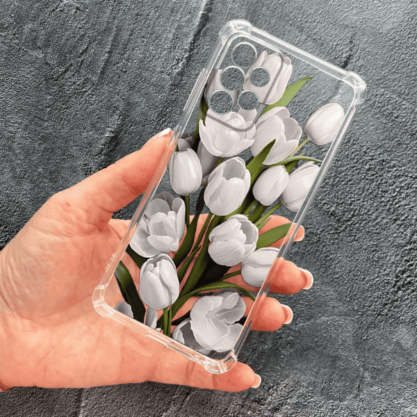 Чохол для Samsung Galaxy A52 4G / A52 5G з захистом камери з квітами білі тюльпани протиударний прозорий силіконовий чохол