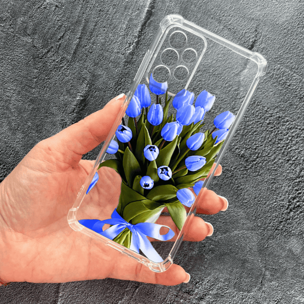 Чохол для Samsung Galaxy A52 4G / A52 5G з захистом камери з квітами букет синіх тюльпанів протиударний прозорий силіконовий чохол