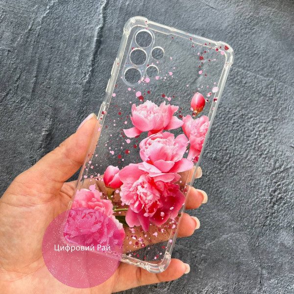 Чехол для Samsung Galaxy A32 (A325F) 4G розовые пионы противоударный прозрачный силиконовый чехол