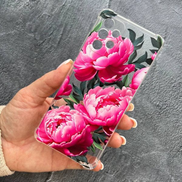 Чехол для Samsung Galaxy A32 (A326B) 5G с защитой камеры с цветами пионы яркие противоударный прозрачный силиконовый чехол