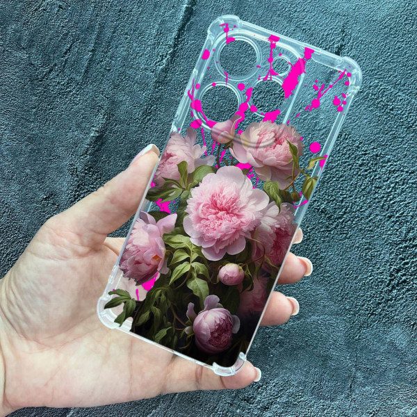 Чохол для Tecno Spark 20C / Tecno Spark GO 2024 рожеві півонії протиударний прозорий силіконовий чохол