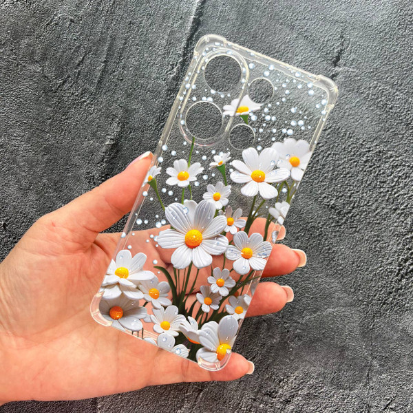 Чохол для Xiaomi Redmi Note 13 Pro 4G / Poco M6 Pro 4G / Xiaomi Redmi Note 14S з захистом камери ромашки білі протиударний прозорий силіконовий чохол