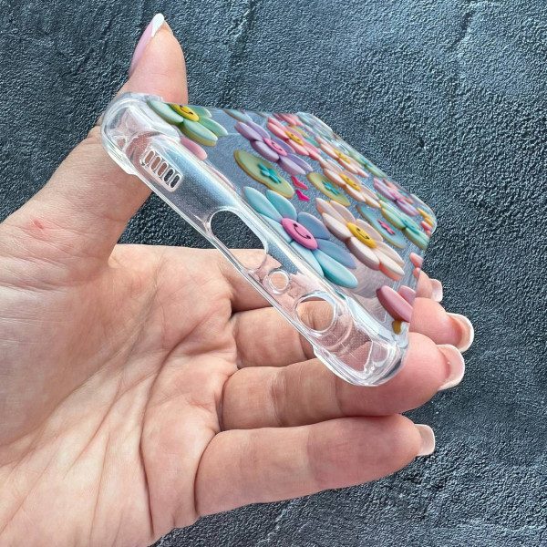 Чехол для Samsung Galaxy A22 4G / M32 / M22 с защитой камеры цветы-смайлики противоударный прозрачный силиконовый чехол