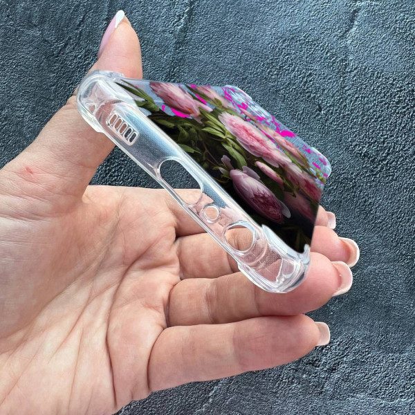 Чехол для Samsung Galaxy A22 4G / M32 / M22 с защитой камеры цветы розовые пионы противоударный прозрачный силиконовый чехол