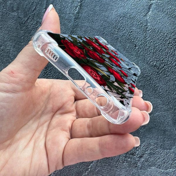 Чехол для Samsung Galaxy A22 4G / M32 / M22 с защитой камеры цветы красные пионы маленькие противоударный прозрачный силиконовый чехол