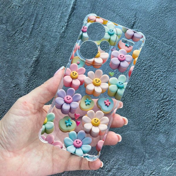 Чохол для Xiaomi Redmi Note 13 Pro Plus квіти-смайлики протиударний прозорий силіконовий чохол
