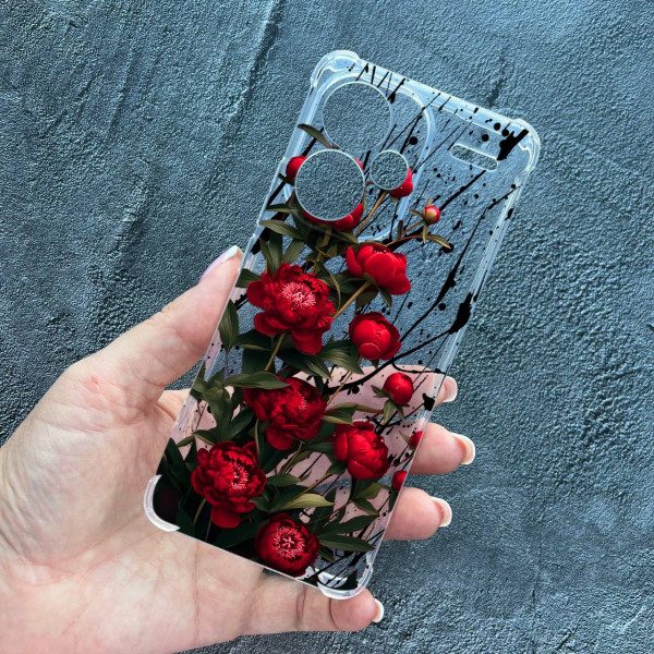 Чехол для Xiaomi Redmi Note 13 Pro Plus красные пионы маленькие противоударный прозрачный силиконовый чехол