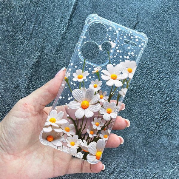 Чехол для Xiaomi Redmi Note 13 Pro Plus ромашки белые противоударный прозрачный силиконовый чехол