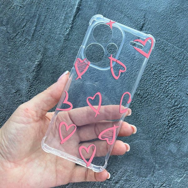 Чехол для Xiaomi Redmi Note 13 Pro Plus розовые сердечки противоударный прозрачный силиконовый чехол