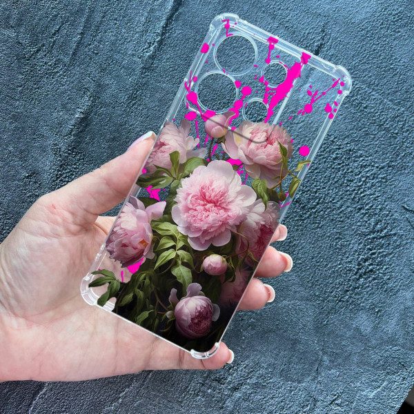 Чехол для Xiaomi Redmi Note 13 Pro 5G / Xiaomi Poco X6 5G розовые пионы противоударный прозрачный силиконовый чехол