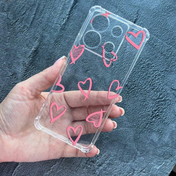 Чехол для Xiaomi Redmi Note 13 Pro 5G / Xiaomi Poco X6 5G розовые сердечки противоударный прозрачный силиконовый чехол