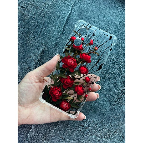 Чехол для Xiaomi Redmi Note 12 Pro Plus красные пионы маленькие противоударный прозрачный силиконовый чехол