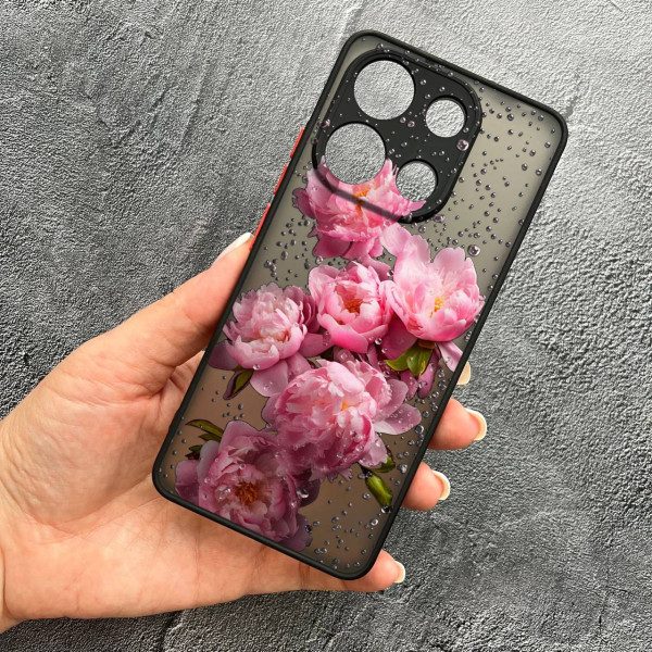 Чехол для Xiaomi Redmi Note 13 4G пионы с каплями