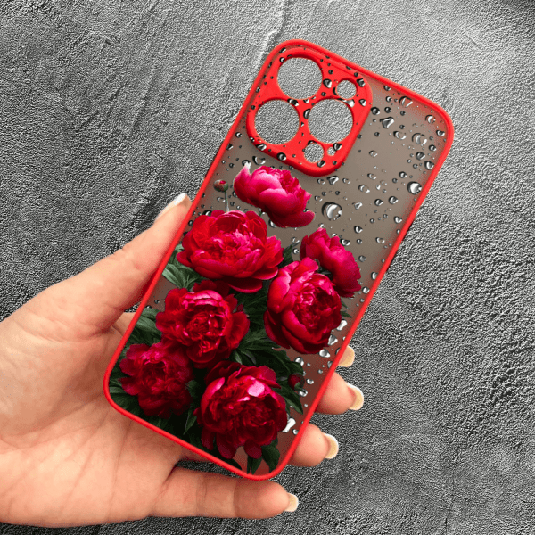 Чехол для iPhone 14 Pro Max красные крупные пионы красный бортик