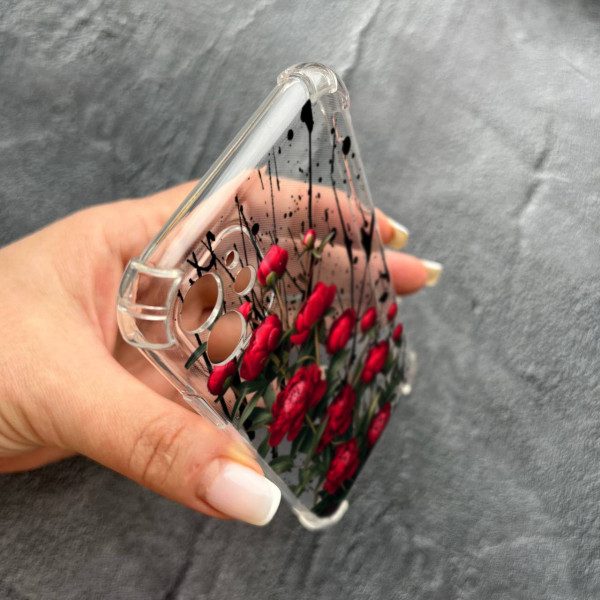Чехол для iPhone 11 с защитой камеры красные пионы маленькие противоударный прозрачный силиконовый чехол