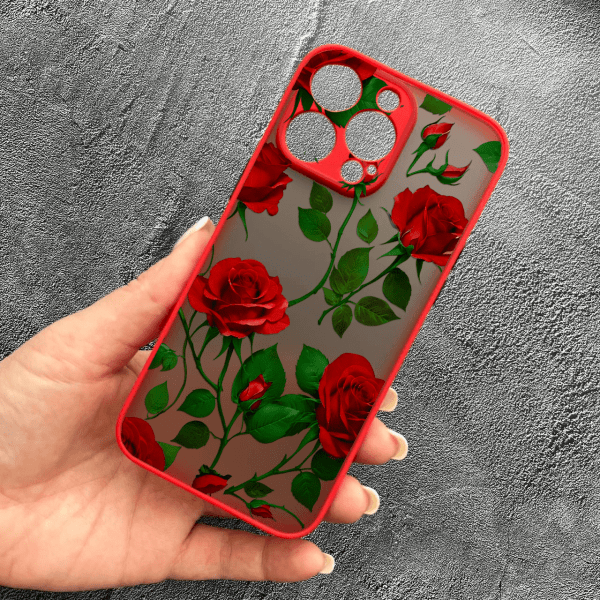 Чехол для iPhone 13 Pro Max с защитой камеры красные розы красный бортик