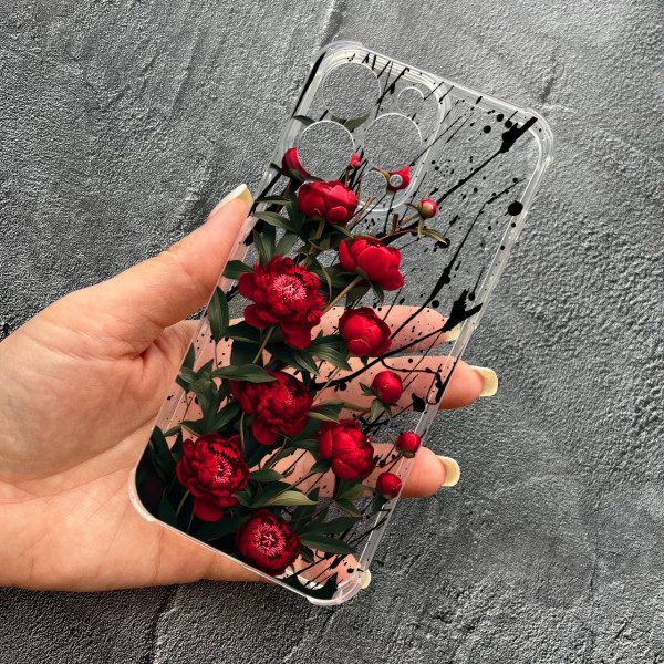 Чехол для iPhone 16 Pro Max с защитой камеры красные пионы маленькие противоударный прозрачный силиконовый чехол