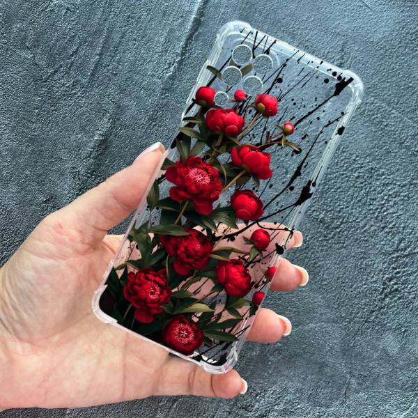 Чехол для Samsung Galaxy M33 с защитой камеры красные пионы маленькие противоударный прозрачный силиконовый чехол