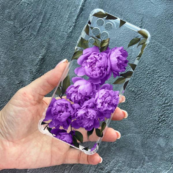 Чехол для Samsung Galaxy M33 с защитой камеры лавандовые пионы противоударный прозрачный силиконовый чехол