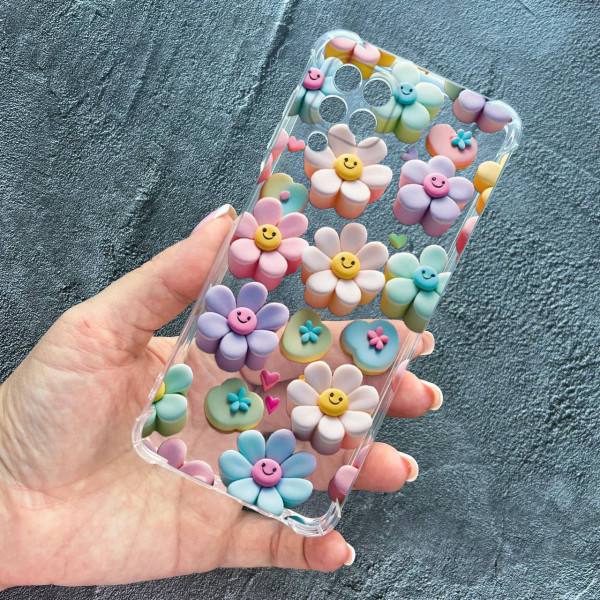 Чохол для Samsung Galaxy M33 з захистом камери квіти-смайлики протиударний прозорий силіконовий чохол