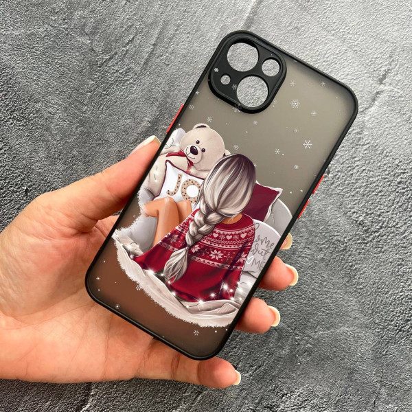 Чехол для iPhone 14 с защитой камеры новогодний девочка.