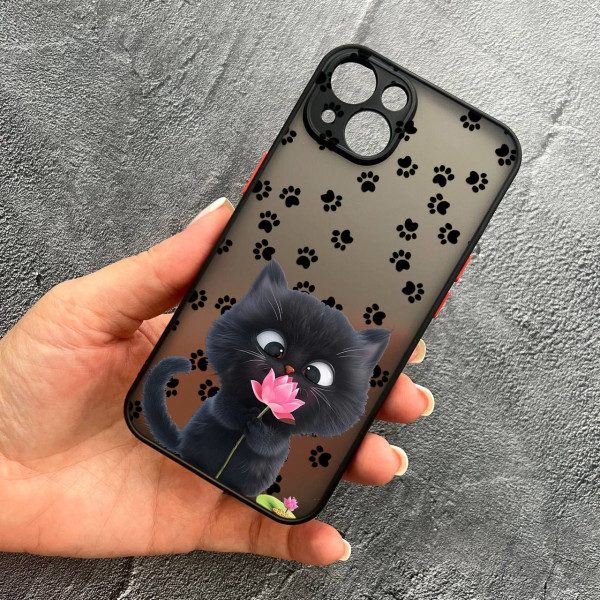 Чохол для iPhone 14 з захистом камери котик з квіткою