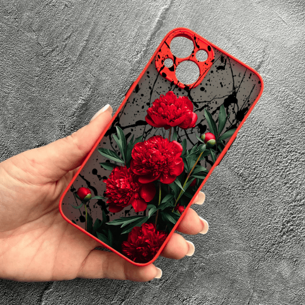 Чохол для iPhone 14 з захистом камери червоні півонії червоний бортик