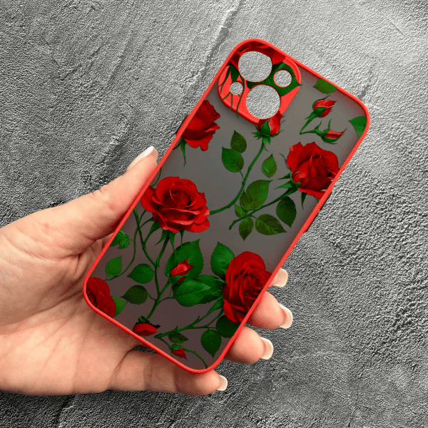 Чехол для iPhone 15 с защитой камеры красные розы красный бортик