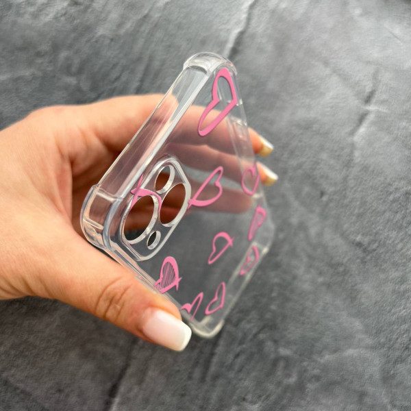 Чохол для iPhone 15 з захистом камери рожеві сердечка протиударний прозорий силіконовий чохол