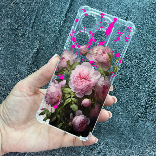 Чохол для Tecno Spark 20 Pro з захистом камери рожеві півонії протиударний прозорий силіконовий чохол