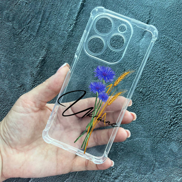 Чохол для Tecno Spark 20 Pro з захистом камери патріотичний з волошкою протиударний прозорий силіконовий чохол