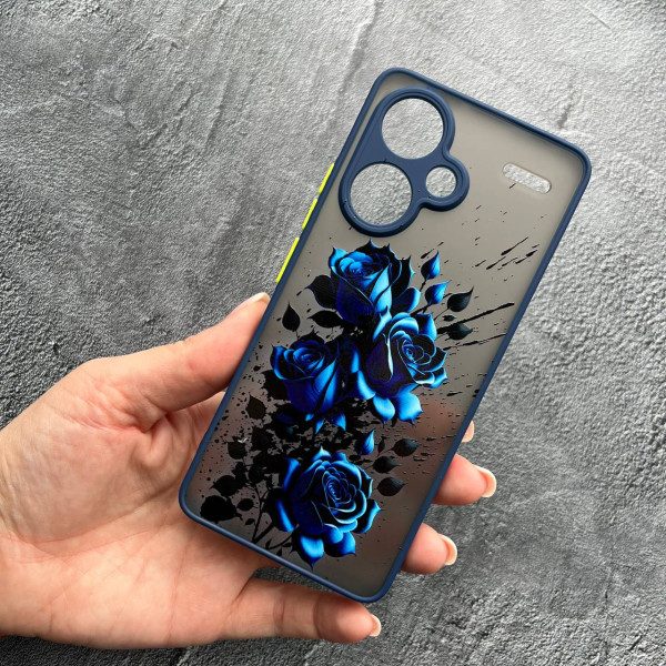 Чохол для Xiaomi Redmi Note 13 Pro Plus з захистом камери блакитні троянди з синім бортиком
