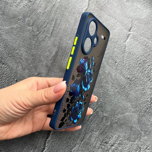 Чохол для Xiaomi Redmi Note 13 Pro Plus з захистом камери блакитні троянди з синім бортиком