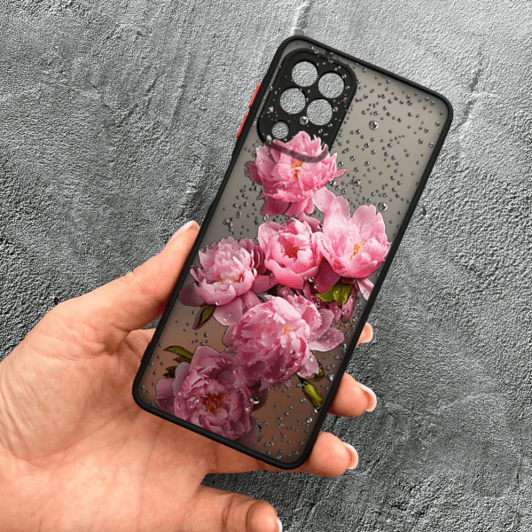 Чехол для Samsung Galaxy A12 / M12 с защитой камеры пионы с каплями