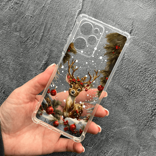 Чехол для Xiaomi Poco X5 Pro 5G с защитой камеры с новогодним Бемби противоударный прозрачный силиконовый чехол