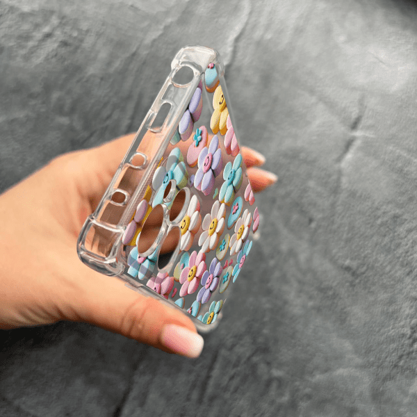 Чехол для Xiaomi Poco X5 Pro 5G с защитой камеры детский цветы и смайлики противоударный прозрачный силиконовый чехол