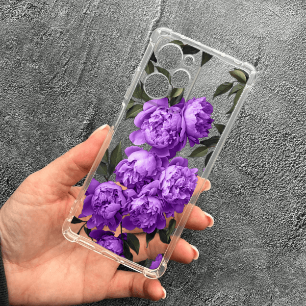 Чохол для Xiaomi Poco X5 Pro 5G з захистом камери з бузковими півоніями протиударний прозорий силіконовий чохол
