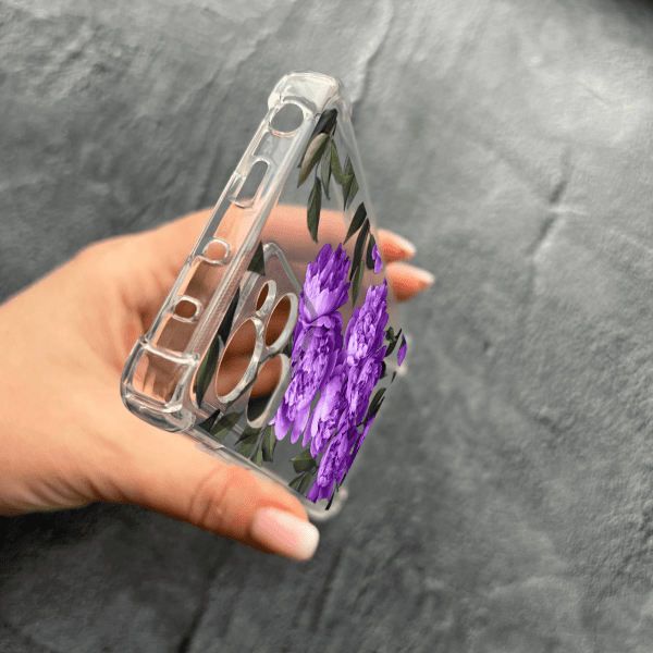 Чохол для Xiaomi Poco X5 Pro 5G з захистом камери з бузковими півоніями протиударний прозорий силіконовий чохол