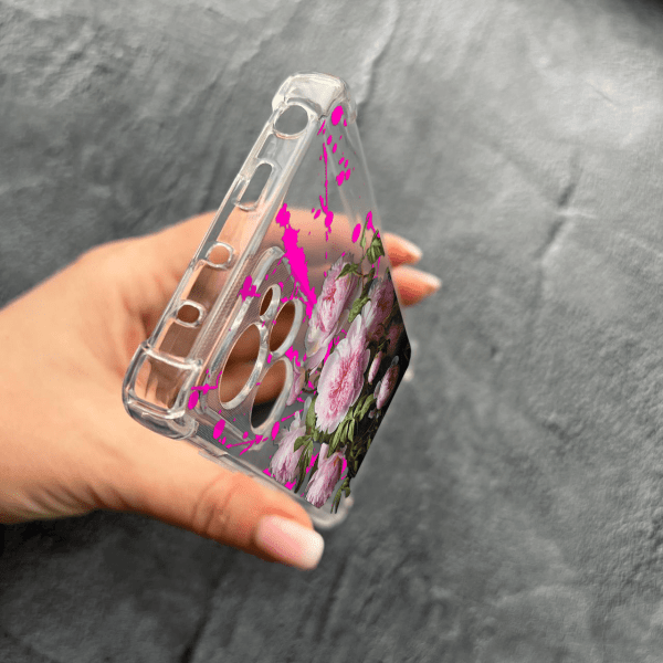Чохол для Xiaomi Poco X5 Pro 5G з захистом камери з рожевими півоніями протиударний прозорий силіконовий чохол