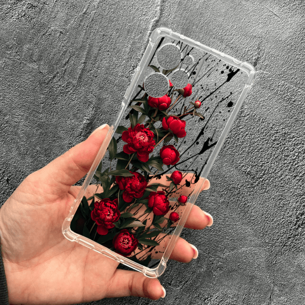 Чехол для Xiaomi Poco X5 Pro 5G с защитой камеры с маленькими цветками красными пионами противоударный прозрачный силиконовый чехол