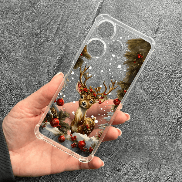 Чехол для Xiaomi Redmi 13 4G с защитой камеры с новогодним Бемби противоударный прозрачный силиконовый чехол