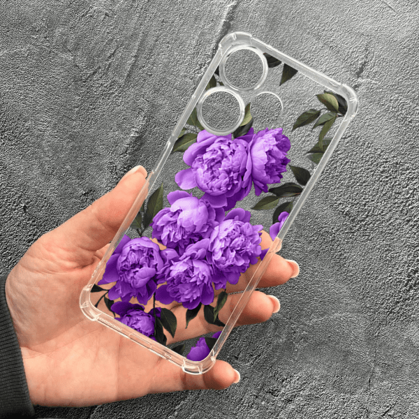 Чехол для Xiaomi Redmi 13 4G с защитой камеры с лавандовыми пионами противоударный прозрачный силиконовый чехол