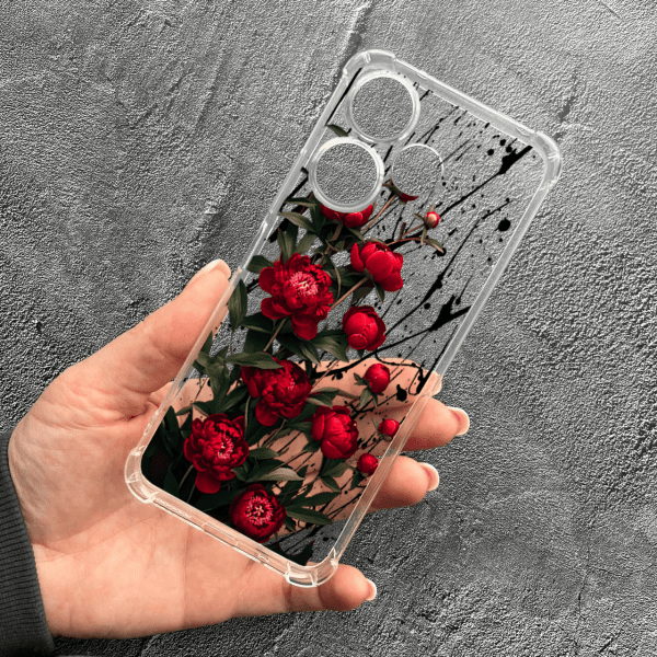 Чехол для Xiaomi Redmi 13 4G с защитой камеры с маленькими цветками красными пионами противоударный прозрачный силиконовый чехол