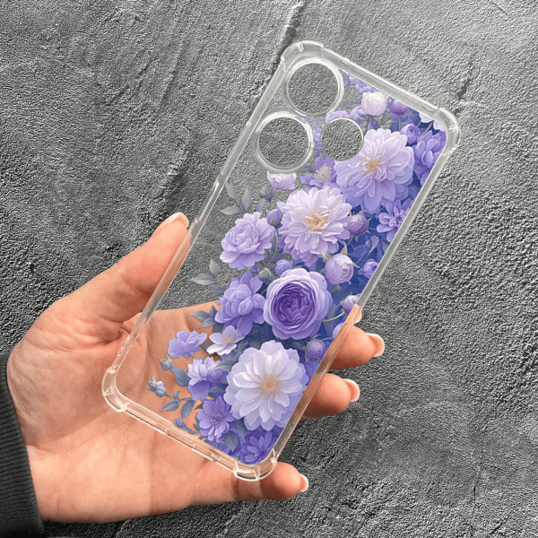 Чехол для Xiaomi Redmi 13 4G с защитой камеры с цветами лавандовые пионы нежные противоударный прозрачный силиконовый чехол